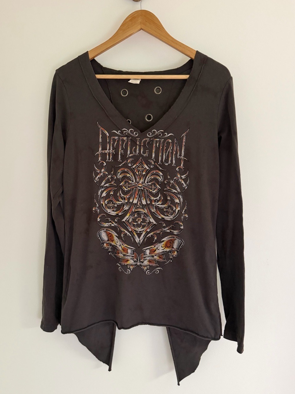 Affliction Blue Label Mineral Wash Charcoal Open Back Cross Graphic Top XL NWOT